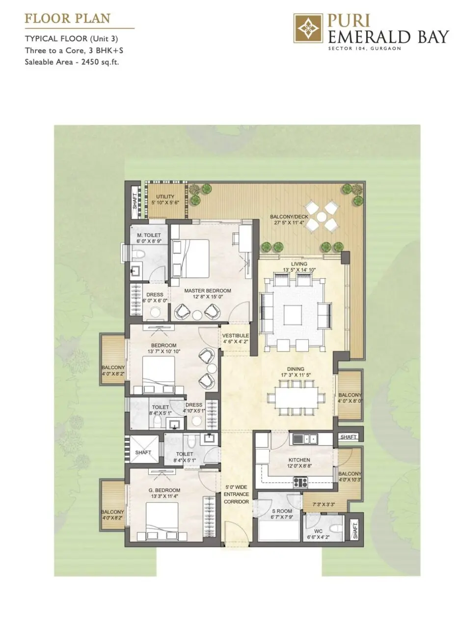 Puri Emerald Bay 3 BHK + Servant Floor Plan