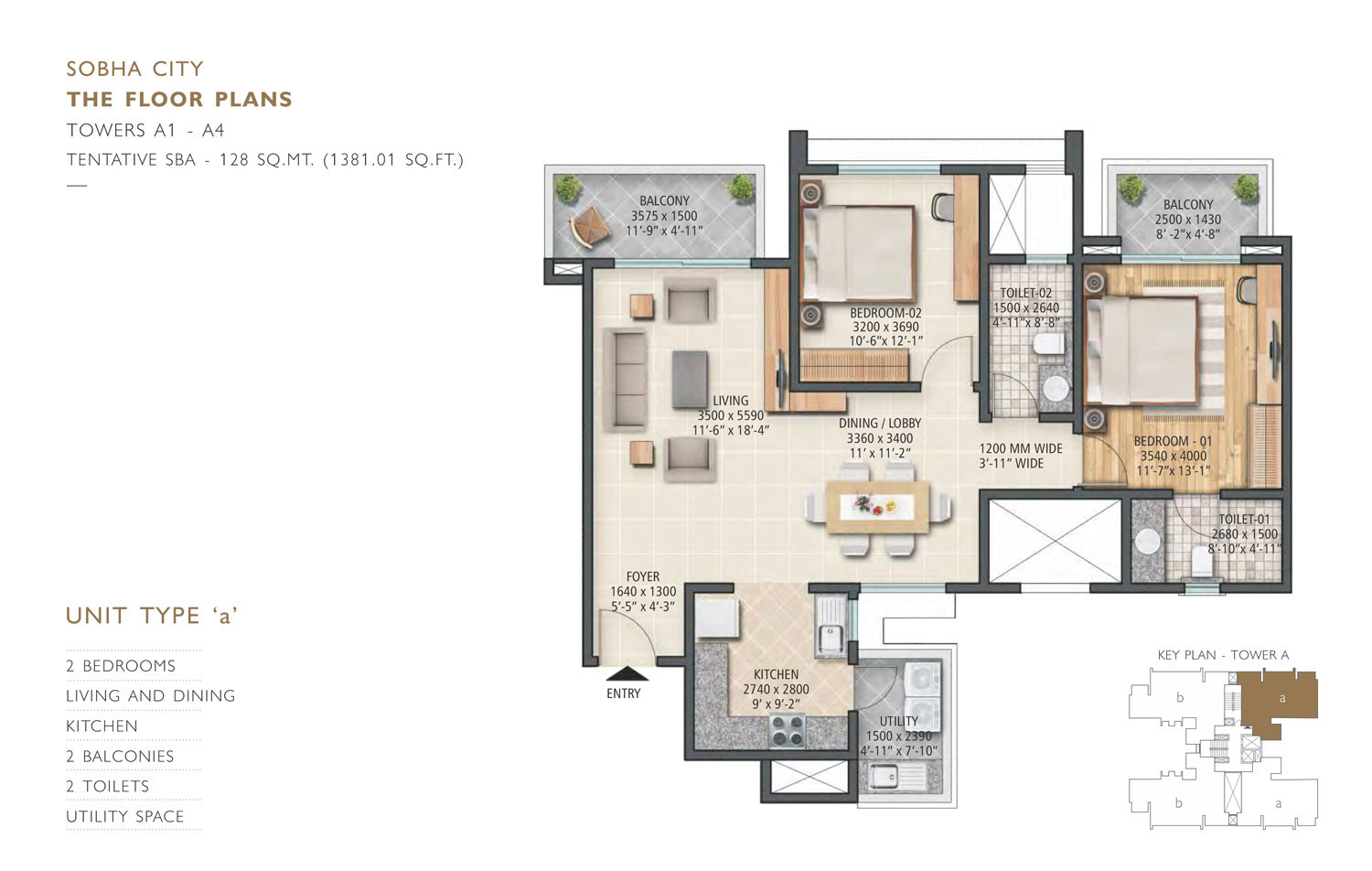 Sobha City 2BHK Floor Plan