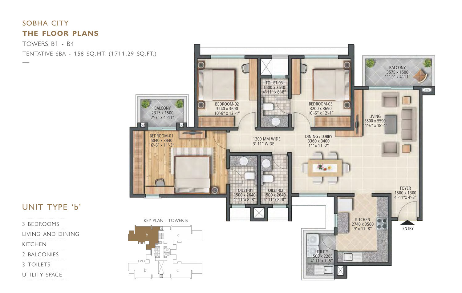 Sobha City 3BHK Floor Plan