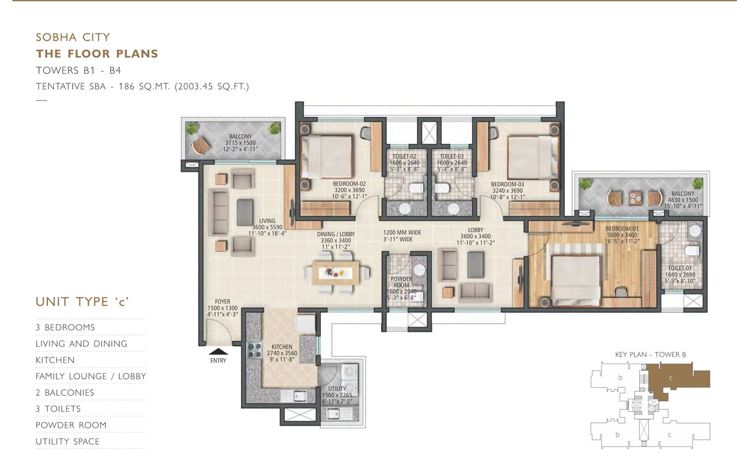 Sobha City 3BHK Floor Plan