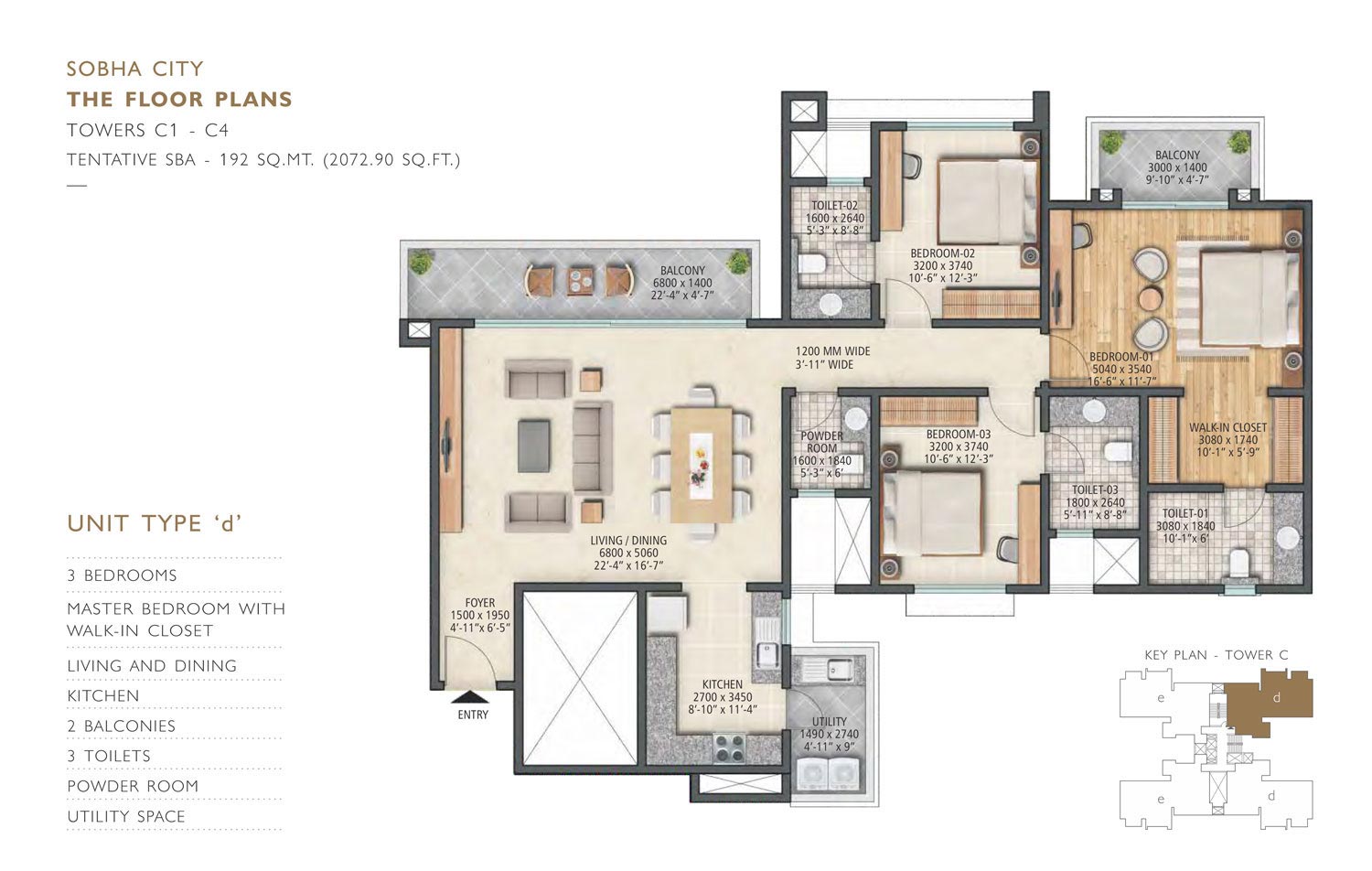 Sobha City 3BHK Floor Plan