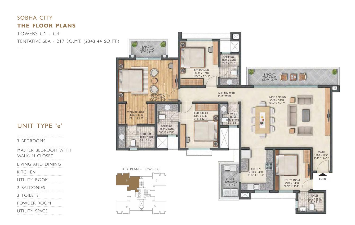 Sobha City 3BHK Floor Plan